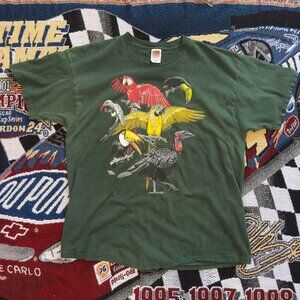 Vintage Tropical Birds Look&Touch Nature Size XXL Bird 90s Y2K T Shirt Green
